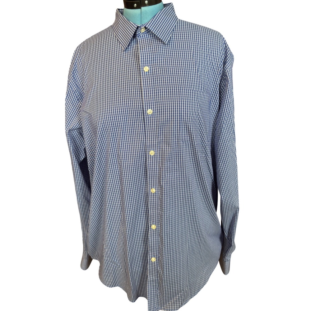 Van Heusen Traveler Mens XL Blue White Micro Check Button Down Shirt Long Sleeve